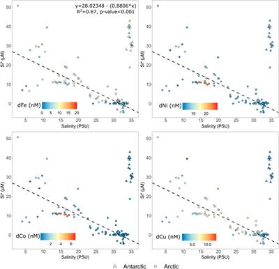 Trace Element (Fe, Co, Ni and Cu) Dynamics Across the Salinity Gradient in Arctic and Antarctic Glacier Fjords